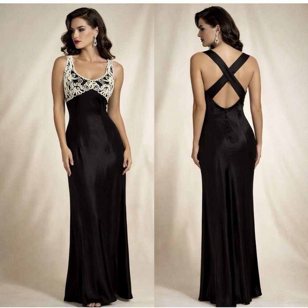 Vintage Roberta Black Satin Maxi Dress  Sz 10 USA 90s Embellished Bodice Glam